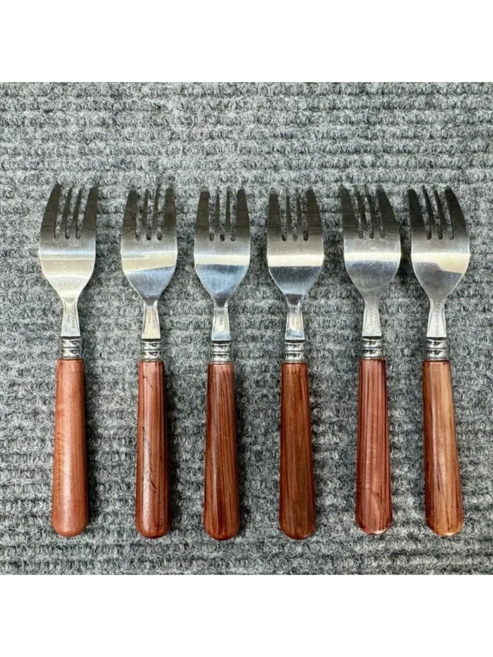 Faberware Silverware Lot Of 6 Small Forks Faux Wood Brown Handle Child Vintage